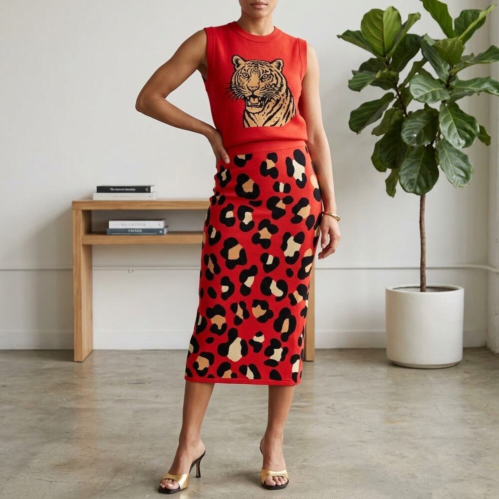 OXKNIT Skirt Set Womens Large Red Knit Vest Tiger Leopard Print Retro Maximalist